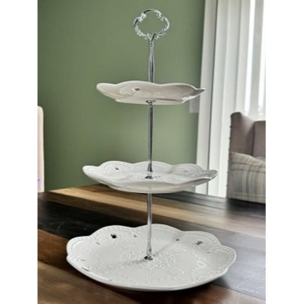 New 3-tier Porcelain Cupcake Stand Serving Tray - White Embossed Elegant Dessert